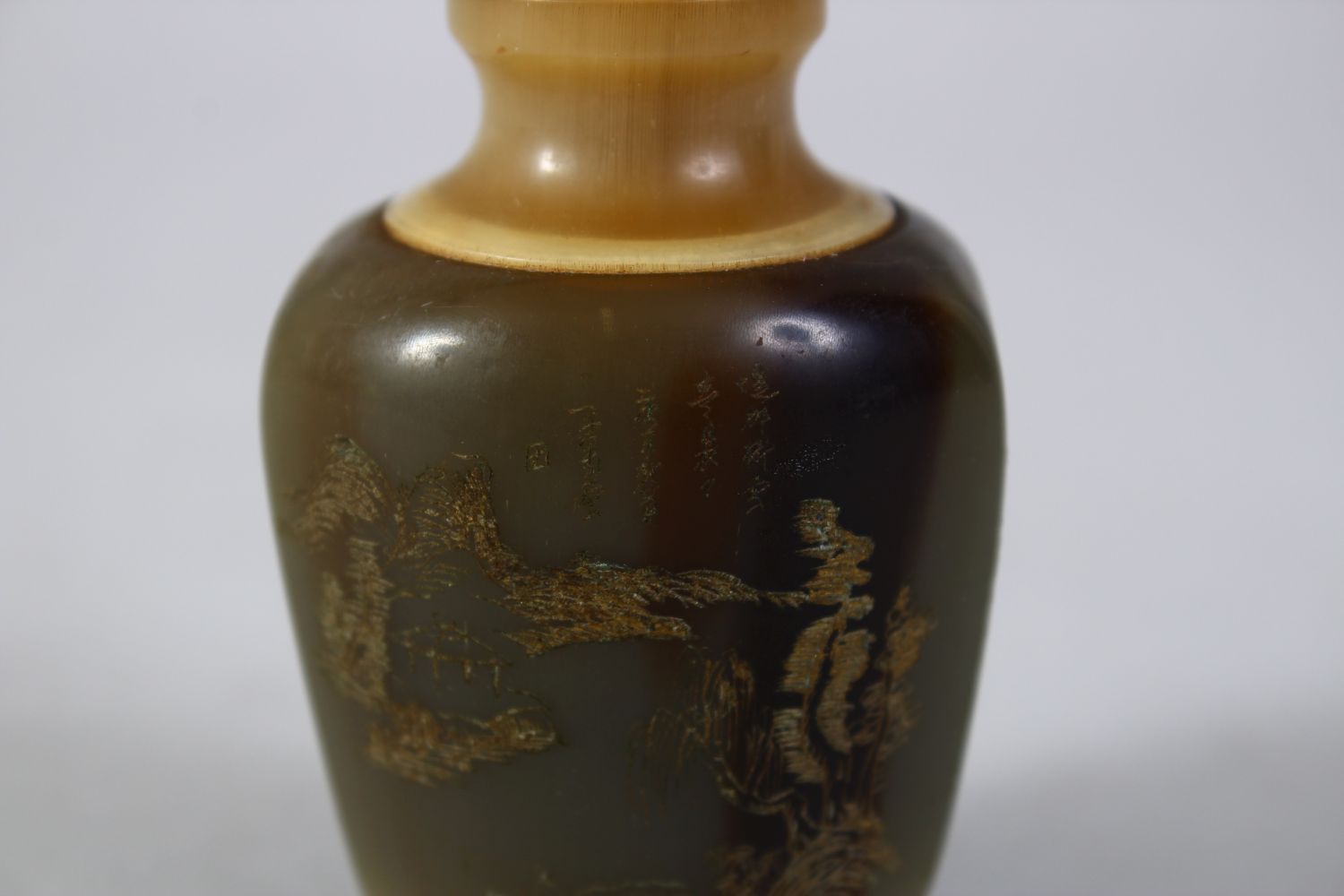 A GOOD CHINESE 19TH / EARLY 20TH CENTURY CARVED RHINOCEROS HORN & HORN SNUFF BOTTLE, the bottle with - Image 3 of 4