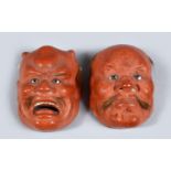 TWO GOOD JAPANESE MEIJI / TAISHO PERIOD LACQUER NOH MASKS, both with real hair details, 6.5cm. (2)