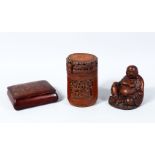 A 20TH CENTURY CHINESE CVARVED BAMBOO LIDDED BRUSH POT, together with a carved hardwood figure of