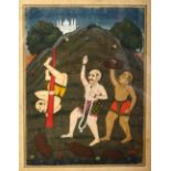 AN 18TH/19TH CENTURY INDIAN PAINTING DEPICTING THREE WRESTLERS, performing various training