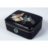 A JAPANESE MEIJI PERIOD SILVER WIRE CLOISONNE LIDDED BOX OF PIGEONS, the hinged lid of the box