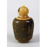 A GOOD CHINESE 19TH / EARLY 20TH CENTURY CARVED RHINOCEROS HORN & HORN SNUFF BOTTLE, the bottle with