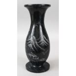 A 20TH CENTURY CHINESE ENGRAVED MARBLE VASE, the vase with engraved decoration of mountains 25cm