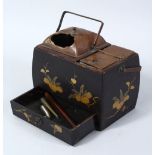 A GOOD JAPANESE MEIJI PERIOD LACQUER AND METAL MOUNTED SMOKING BOX & KISERU, the smoking box with