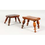 TWO 19TH CENTURY LACEMAKER'S STOOLS, one with turned yew wood legs. 5.25ins x 5.75ins wide.