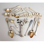 A BAG OF SEVERAL SILVER CUTLERY SPOONS AND FORKS. Various Dates. Weight 25ozs.