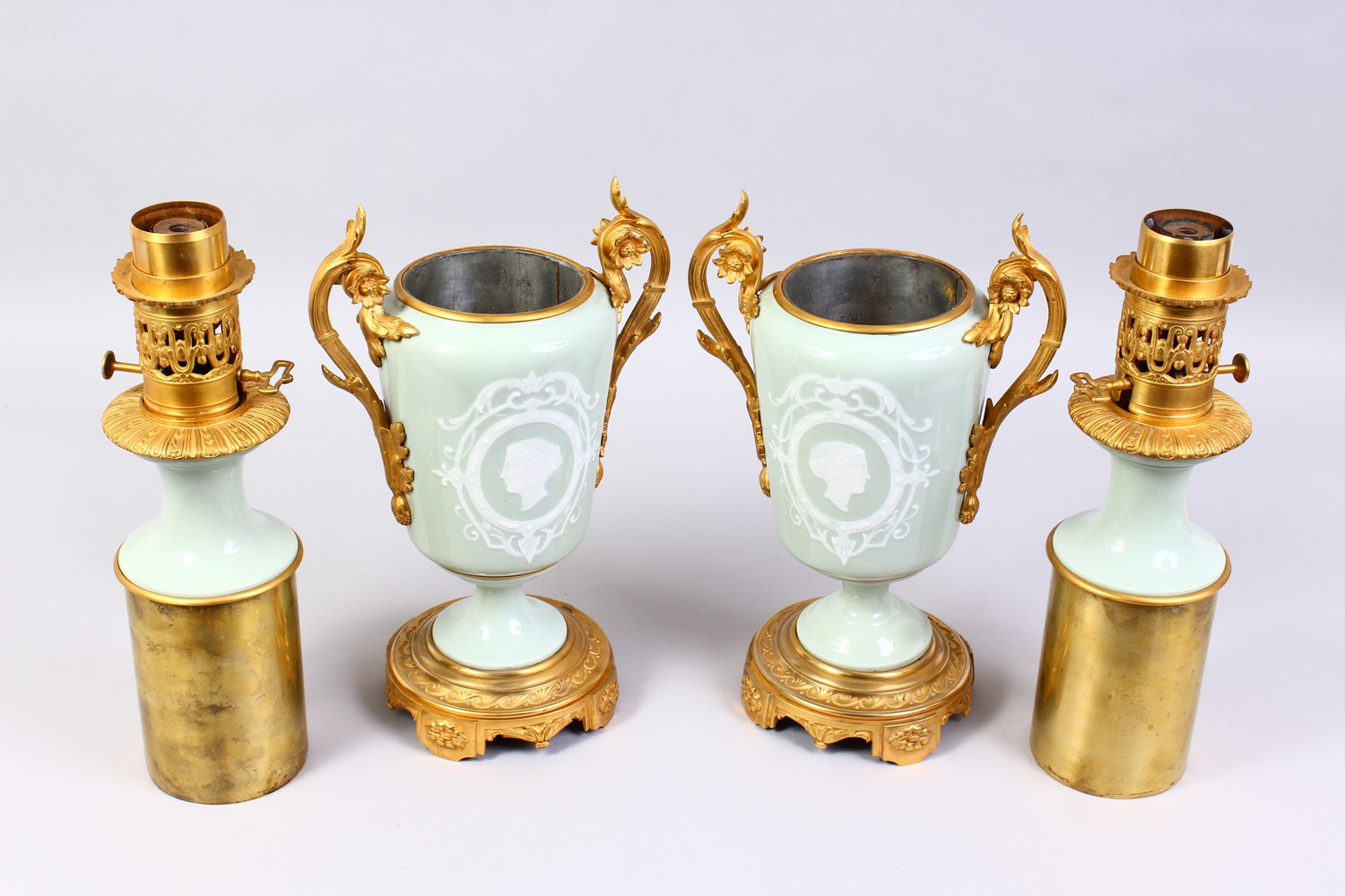 A SUPERB PAIR OF 19TH CENTURY FRENCH PATE-SUR-PATE TWO-HANDLED URN SHAPED LAMPS, inset with a - Image 2 of 12