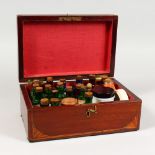 A 19TH CENTURY MAHOGANY AND INLAID BOX, the fitted interior containing numerous pharmaceutical