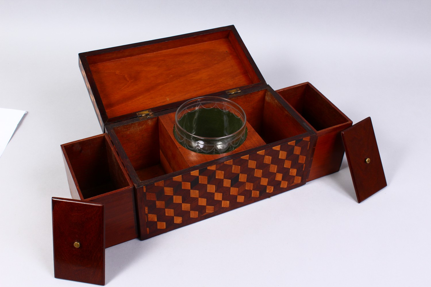 A VERY GOOD 19TH CENTURY TUNBRIDGE WARE MARQUETRY TEA CADDY with two boxes and mixing bowl. 12ins - Image 9 of 10