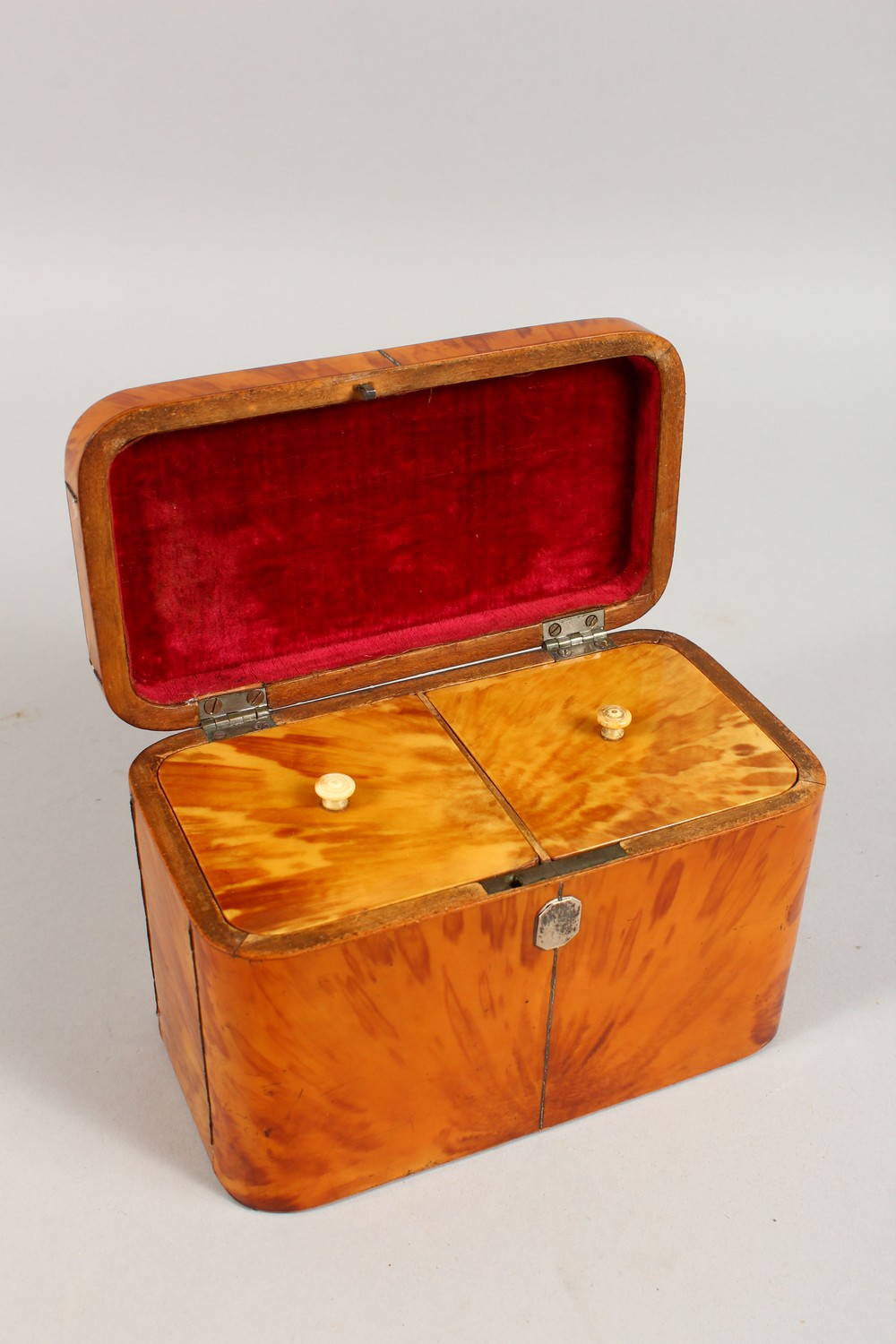 A GOOD GEORGE III BLONDE TORTOISESHELL TWIN COMPARTMENT TEA CADDY, with engraved silver plaque. 7ins - Image 4 of 7