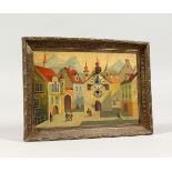 A RARE 19TH CENTURY GILT FRAMED PICTURE CLOCK, painted with a town scene. 5ins x 6.5ins.