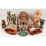 A COLLECTION OF ETHNIC POTTERY, STONE AND WOODEN ARTEFACTS.