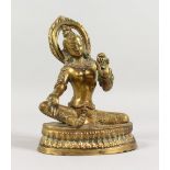 A CAST BRASS FIGURE, of a seated female deity. 7ins high.