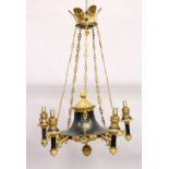 A FRENCH EMPIRE REVIVAL ORMOLU FIVE-LIGHT CHANDELIER, with pineapple finials. 3ft 6ins high x 2ft