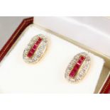 A PAIR OF 9CT GOLD, RUBY AND DIAMOND DECO DESIGN EARRINGS.