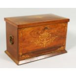 A GOOD VICTORIAN ROSEWOOD AND INLAID STATIONERY CASKET, with rising top, drop down folding writing