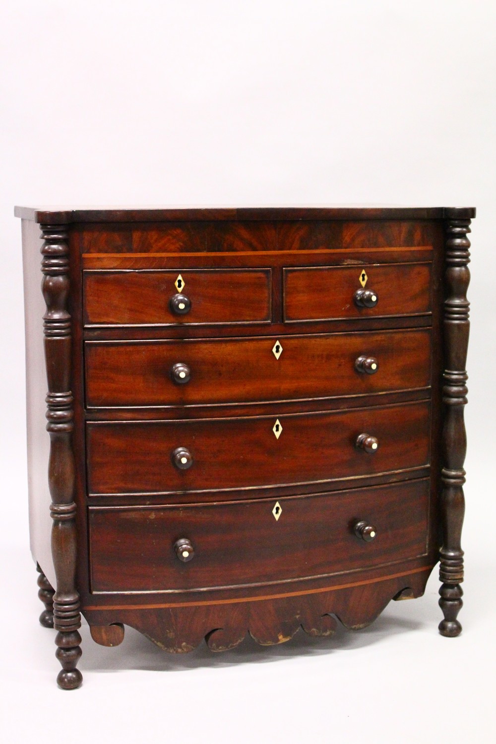 AN EARLY 19TH CENTURY MAHOGANY MINIATURE BOWFRONT CHEST, with two short and three long graduated - Image 2 of 8