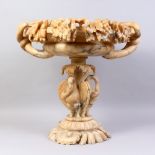 A HIGHLY ORNATE 19TH CENTURY CARVED ALABASTER PEDESTAL URN, the circular bowl carved with fruiting