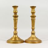 A PAIR OF FRENCH BRASS CANDLESTICKS, on circular bases. 10ins high.