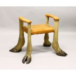 A HIGHLY UNUSUAL STOOL, possibly by Rowland Ward, with a leather upholstered seat and arm rests,