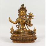 A GILT BRONZE SEATED BUDDHA, inset with coral and turquoise stones. 8.5ins high.