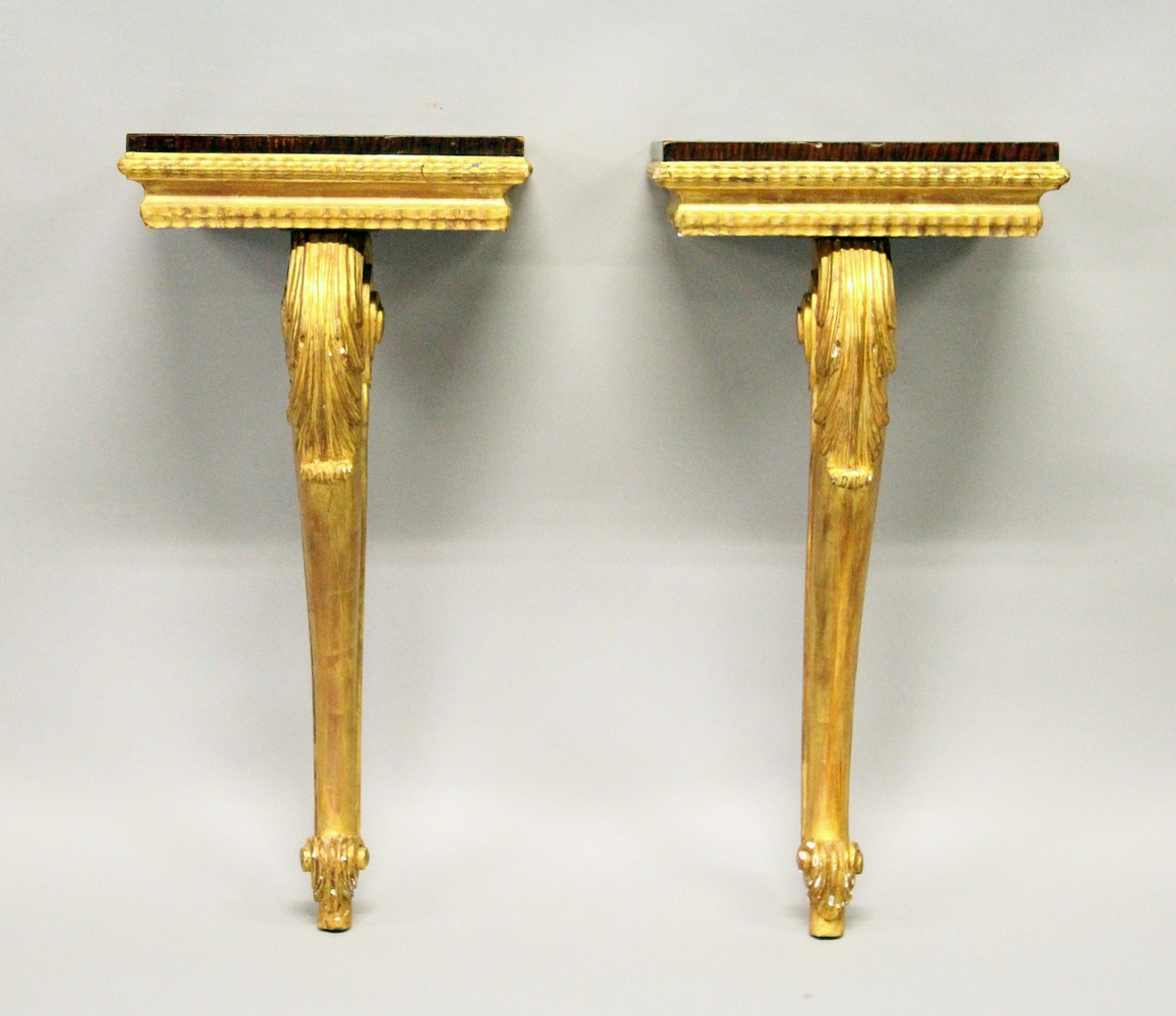 A PAIR OF 19TH CENTURY ROSEWOOD AD GILTWOOD SMALL CONSOLE TABLES, the rectangular tops supported