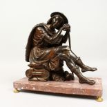 A 19TH CENTURY BRONZE FIGURE DEPICTING A SHEPHERD seated, leaning on a crook. On a marble base.