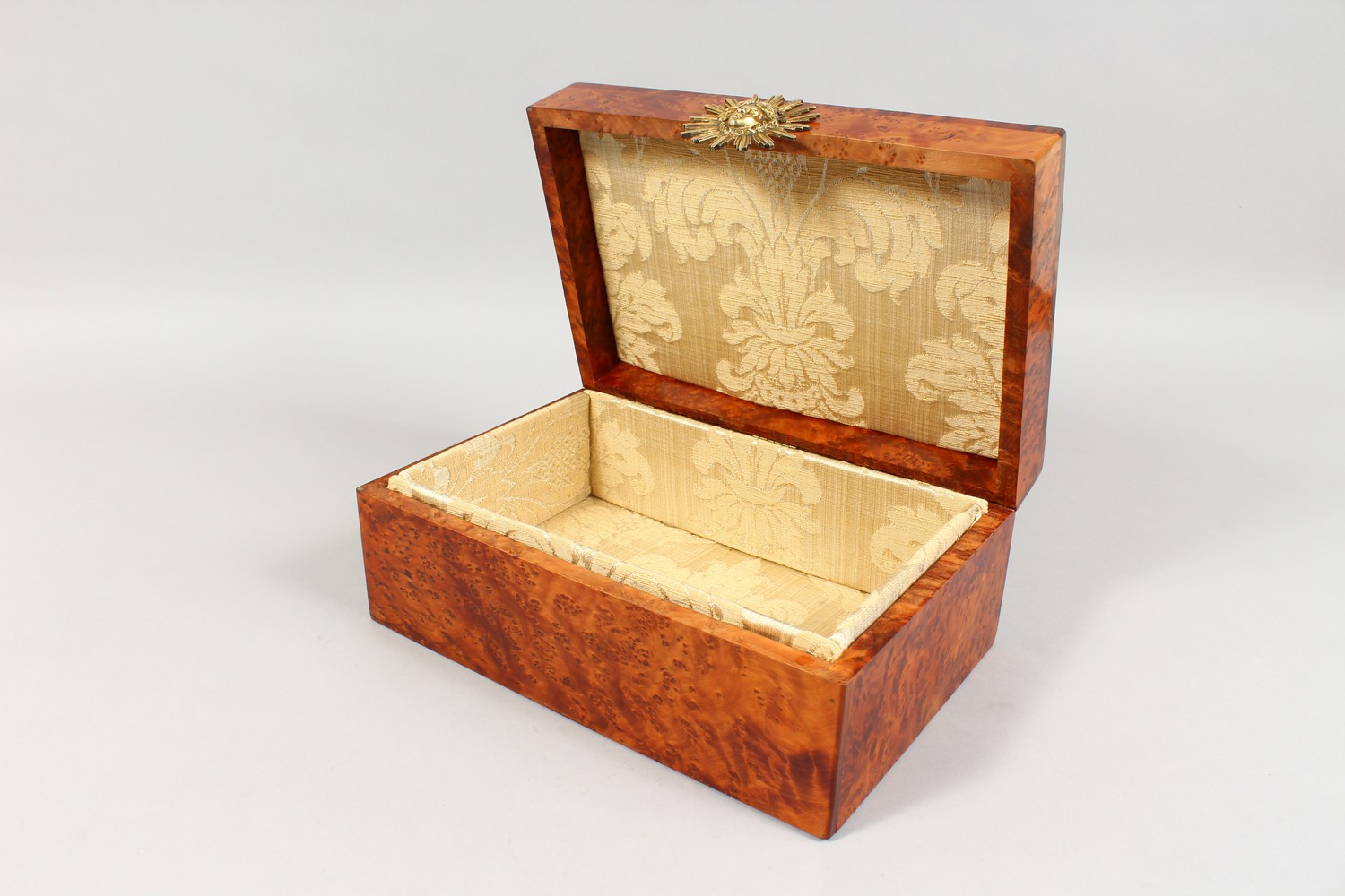 A 19TH CENTURY THUYA WOOD CASKET, with brass mounts and silk interior. 11.5ins long. - Image 6 of 6