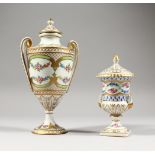 TWO DRESDEN TWO-HANDLED URN SHAPED VASES AND COVERS. 10ins high and 6ins high.