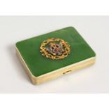 A SUPERB RUSSIAN GREEN JADE BOX AND COVER, the top with diamond crest. 3ins x 2.5ins, in a Faberge