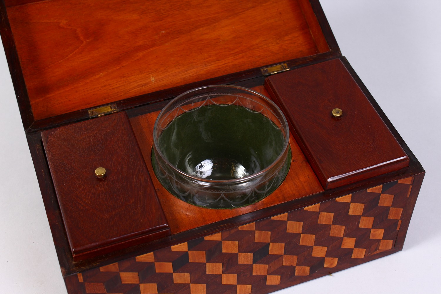 A VERY GOOD 19TH CENTURY TUNBRIDGE WARE MARQUETRY TEA CADDY with two boxes and mixing bowl. 12ins - Image 8 of 10