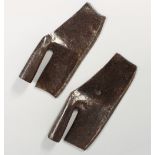 TWO 18TH / 19TH WROUGHT IRON AXE HEADS. 12ins and 13ins long.