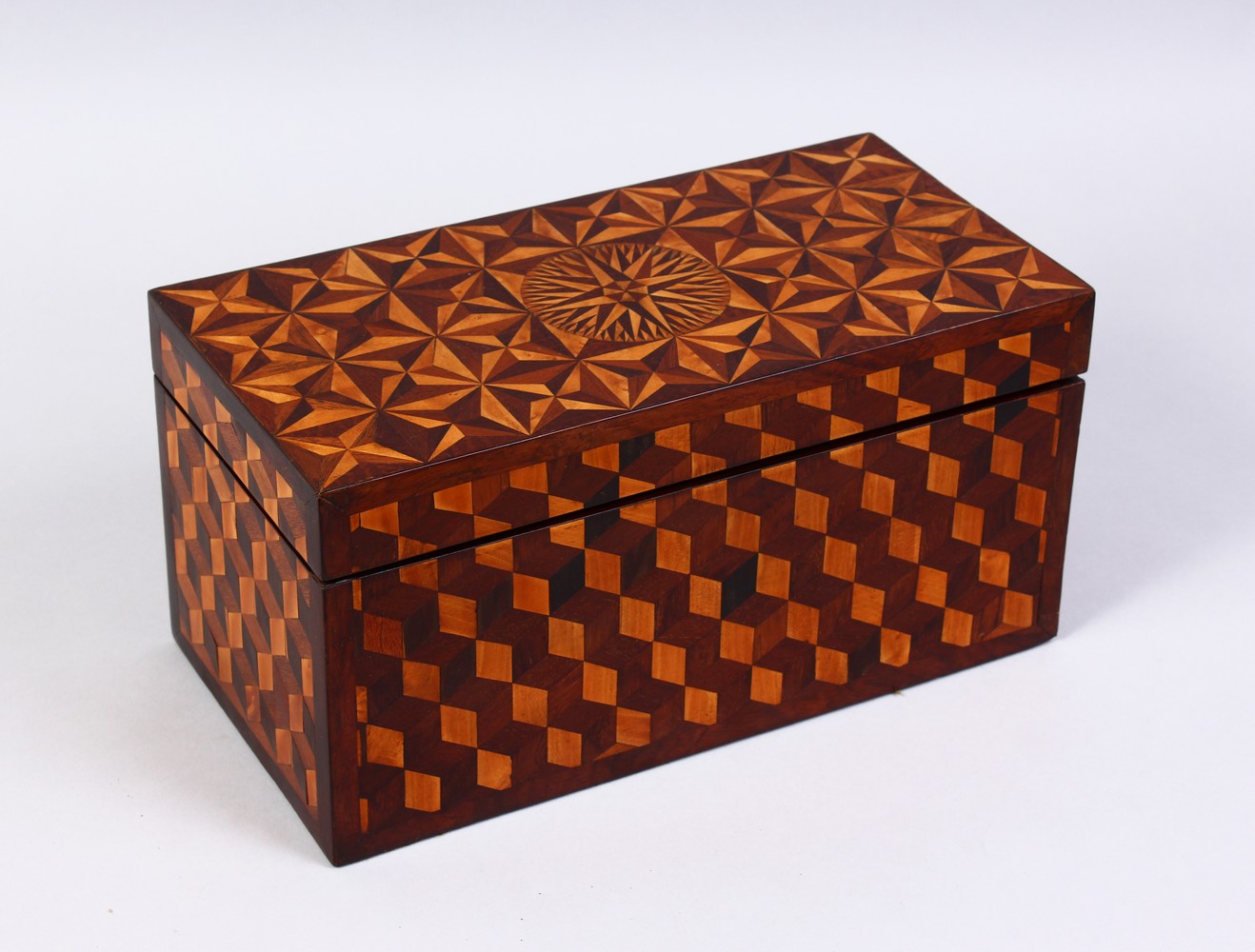 A VERY GOOD 19TH CENTURY TUNBRIDGE WARE MARQUETRY TEA CADDY with two boxes and mixing bowl. 12ins