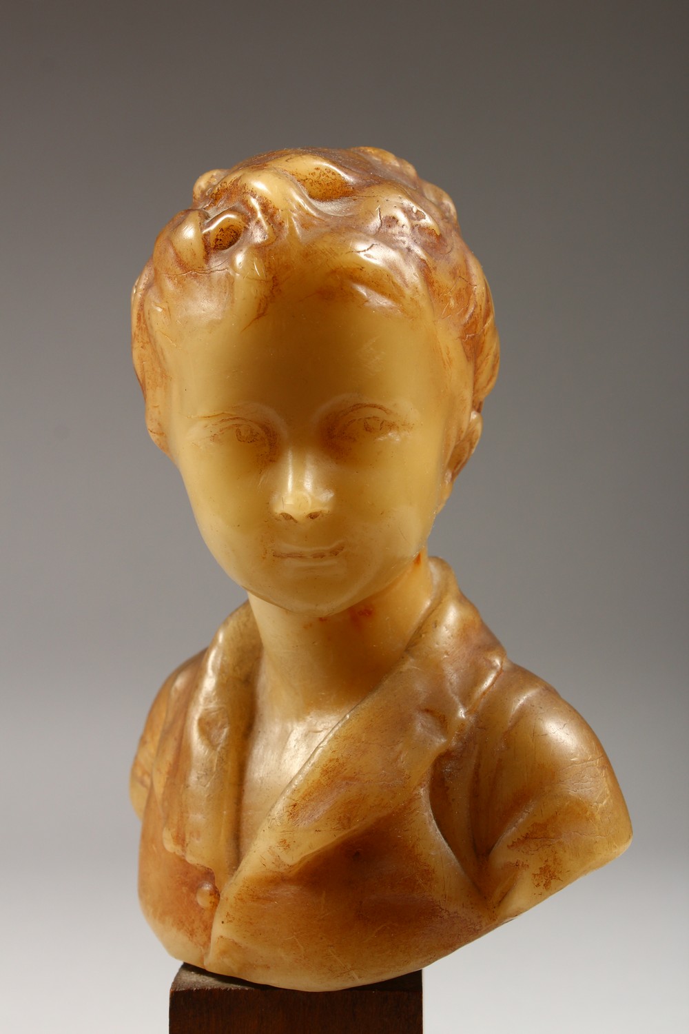 A SMALL GEORGIAN CARVED WAX BUST, head and shoulders of a young boy. 6ins high on a wooden plinth. - Image 3 of 8