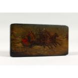A RUSSIAN LACQUER RECTANGULAR BOX, painted with figures and horses pulling a sleigh. 6.75ins long.