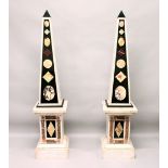 A PAIR OF IMPRESSIVE LARGE ITALIAN MARBLE AND SPECIMEN MARBLE OBELISKS, in two parts, the white