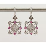 A PAIR OF 9CT GOLD, RUBY AND DIAMOND DROP EARRINGS.