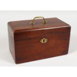 A GEORGE III MAHOGANY TEA CADDY, fitted with three compartments. 9.5ins wide.