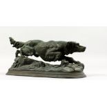 JULES MOIGNIEZ (1835-1894) FRENCH. A BRONZE SETTER. Signed. 11ins long (needs repatination).