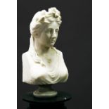 A GOOD ROMAN STYLE CARVED FEMALE BUST, 20TH CENTURY, wearing a toga, a floral wreath in her hair, on