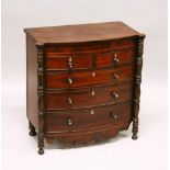 AN EARLY 19TH CENTURY MAHOGANY MINIATURE BOWFRONT CHEST, with two short and three long graduated