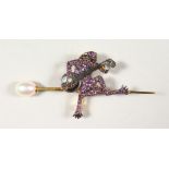 A 9CT GOLD, AMETHYST, DIAMOND AND PEARL MUSICAL FROG BROOCH.