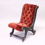 A VICTORIAN CHILD'S EBONISED CHAIR, with button upholstery and gilt metal mounts. 2ft 1ins high x