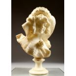 A GOOD 19TH CENTURY FRENCH CARVED MARBLE BUST. Signed POURENT, of a pretty young girl. 20ins high.