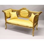 A FRENCH STYLE GILTWOOD SOFA, upholstered in a classical print fabric. 5ft 0ins long x 2ft 0ins deep