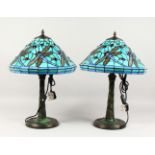 A PAIR OF TIFFANY STYLE DRAGONFLY TABLE LAMPS. 22ins high.
