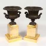 A SUPERB PAIR OF 19TH CENTURY FRENCH TWO HANDLED URNS with double headed handles on a brass