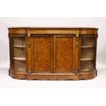 A GOOD VICTORIAN BURR WALNUT, MARQUETRY AND ORMOLU CREDENZA with an inlaid frieze, pair of