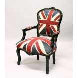 A FRENCH STYLE OPEN ARMCHAIR, upholstered with a Union Jack printed fabric.