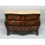 A GOOD 19TH CENTURY FRENCH KINGWOOD BOMBE COMMODE, with a marble top, two short and two long